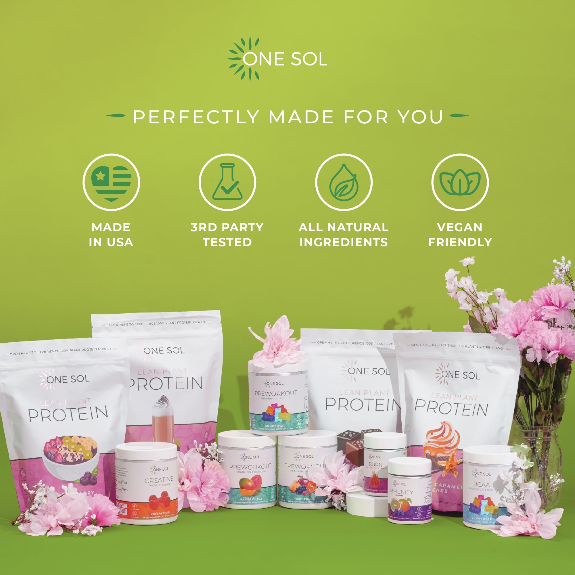 One Sol Greens badge indicating vegan, soy-free, non-GMO status.