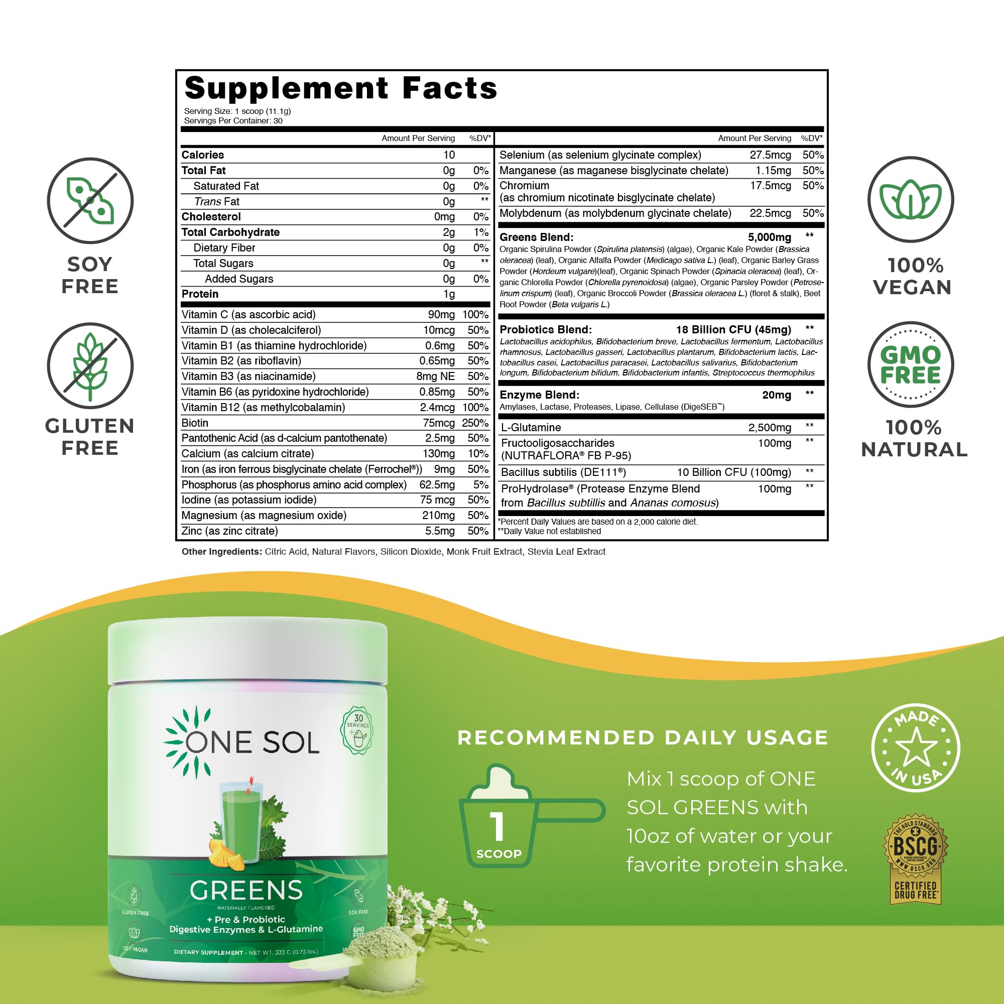 One Sol Greens ingredients label highlights probiotic and enzyme blends.