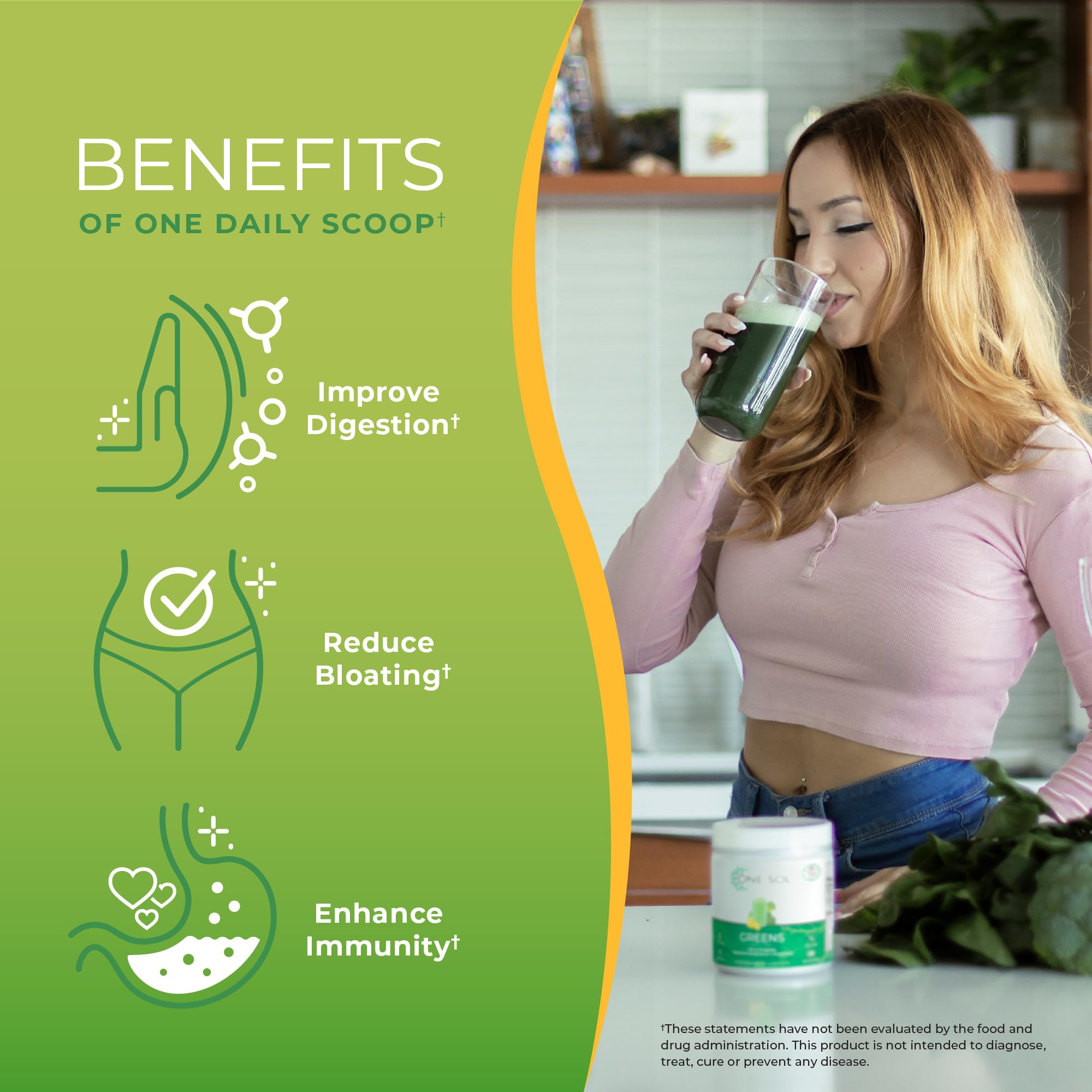 One Sol Greens powder swirling in a shaker revealing vibrant green color.