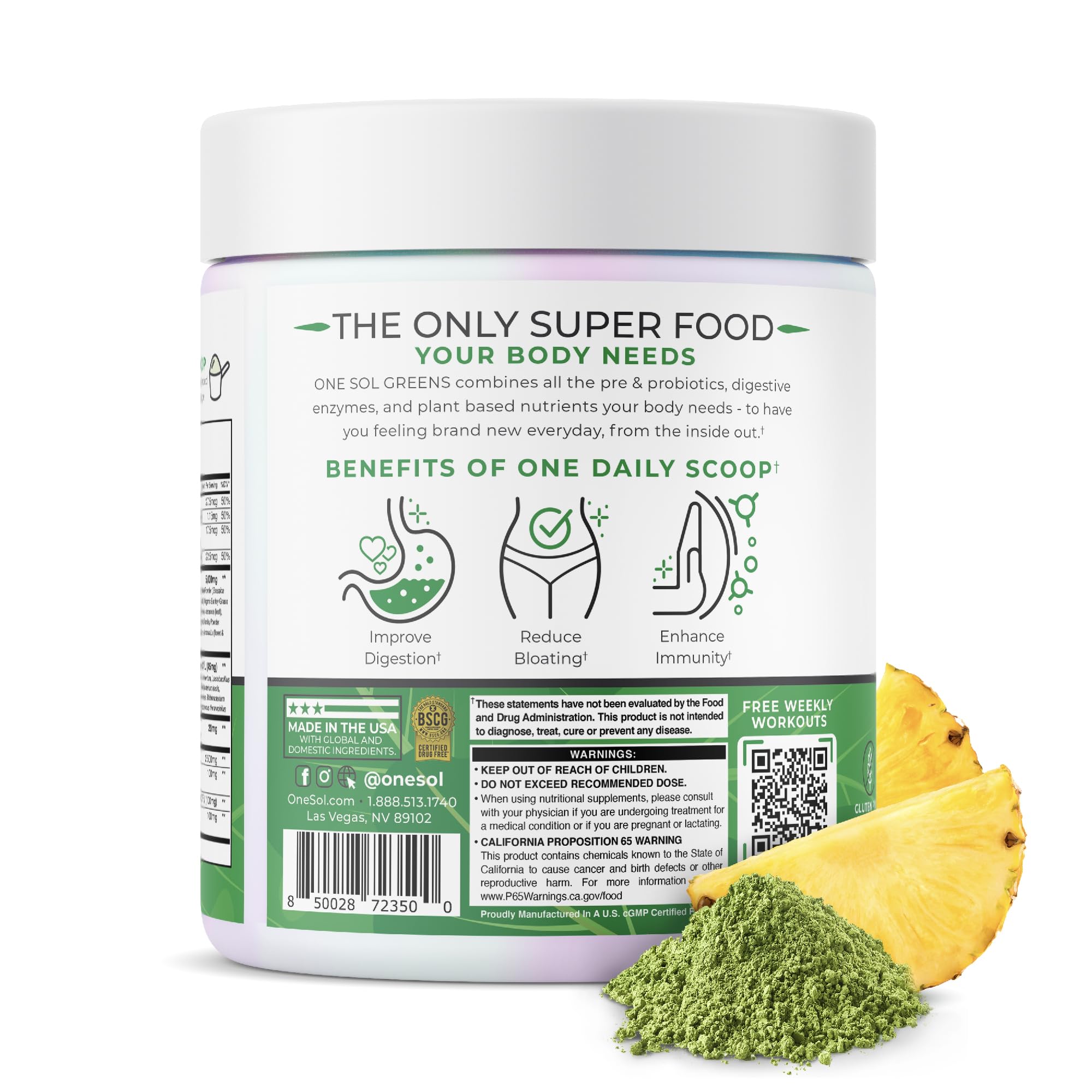 One Sol Greens scoop with powder ready to mix into smoothie.