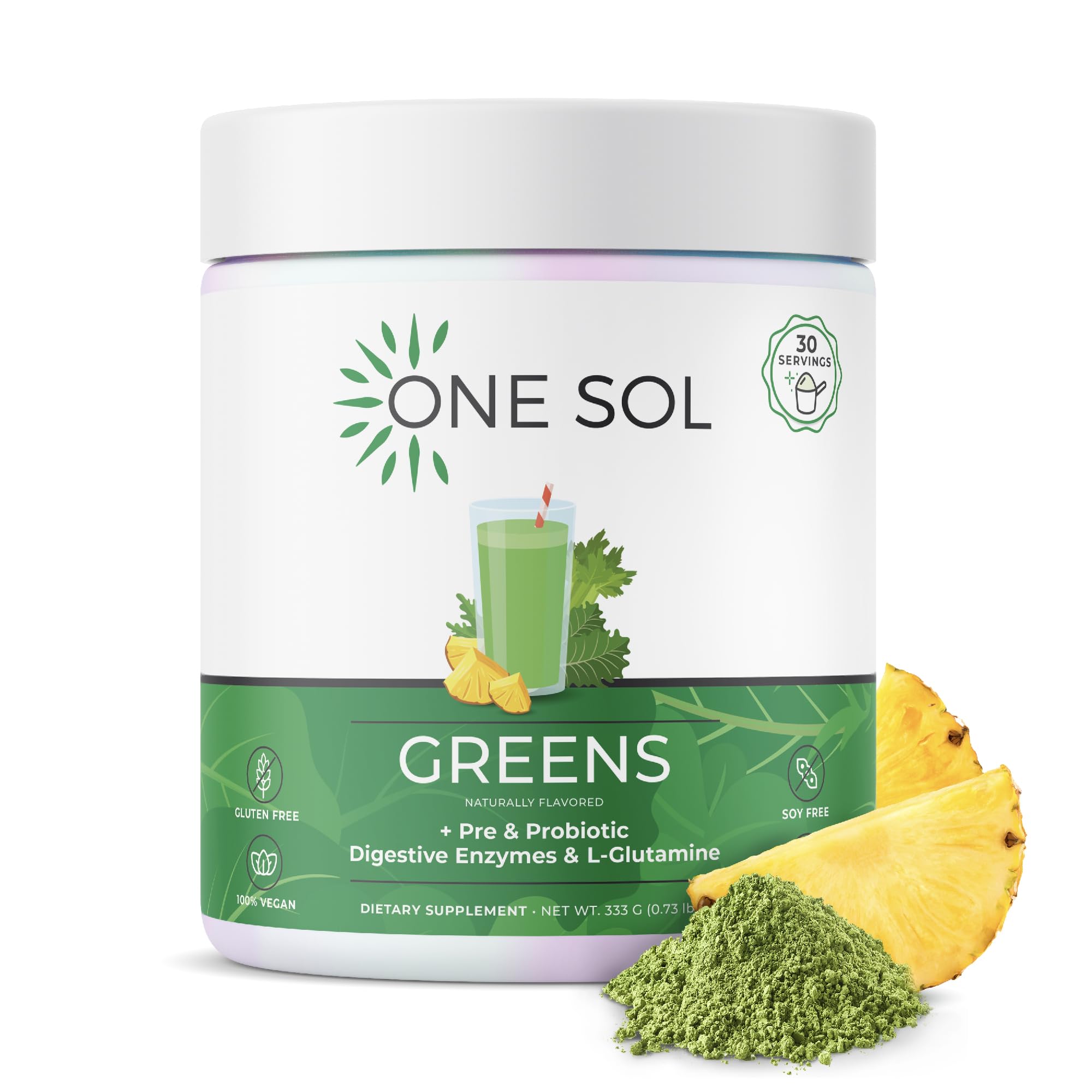 One Sol Greens tub front view, premium greens blend for daily digestion support.