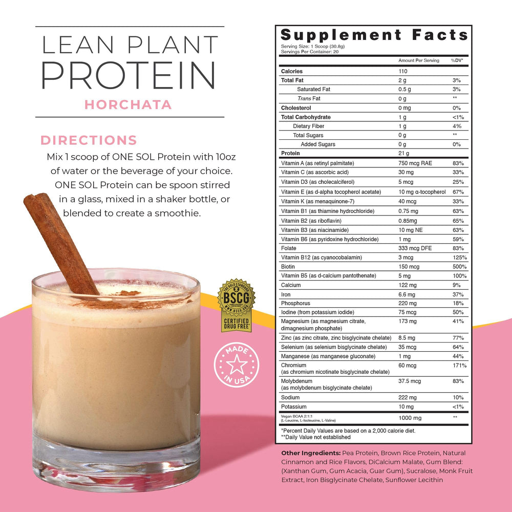 One Sol Lean Plant-Based Protein Powder Horchata shake in a glass with creamy texture.