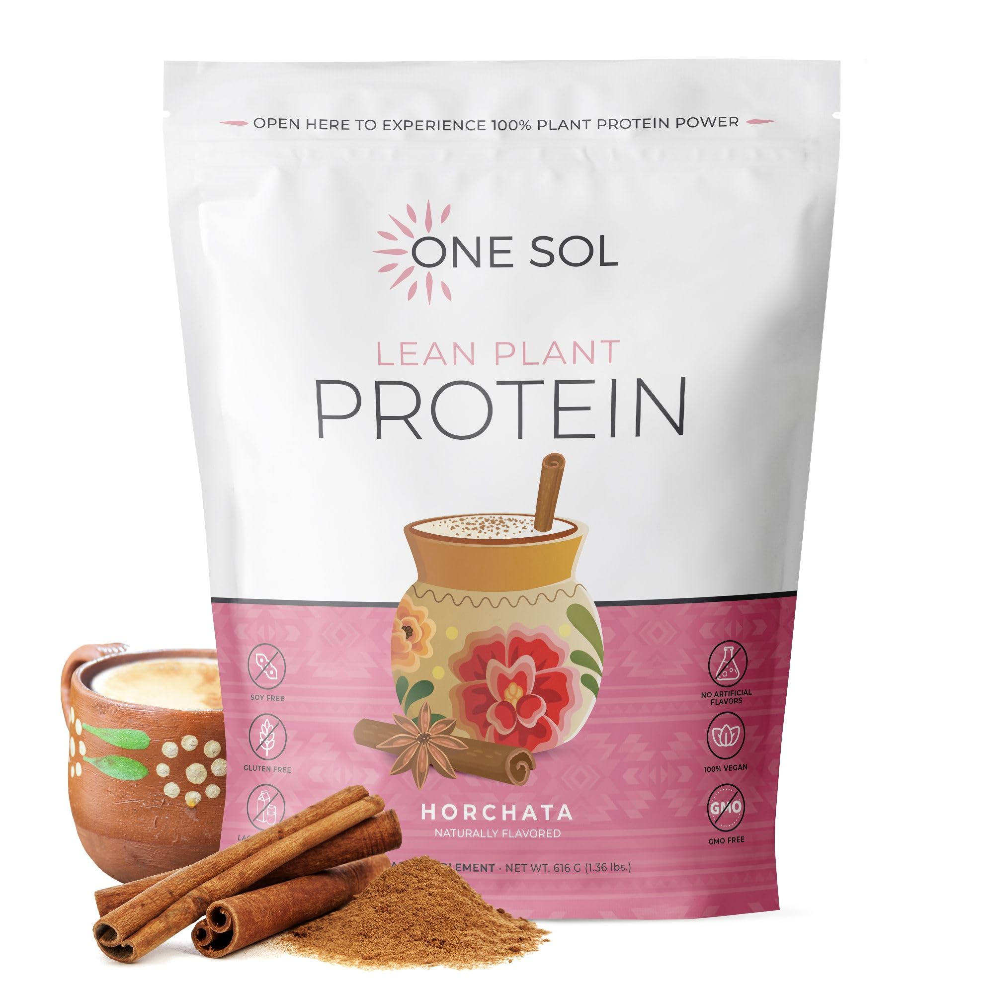 One Sol Lean Plant-Based Protein Powder Horchata tub front view, vegan and lactose-free.