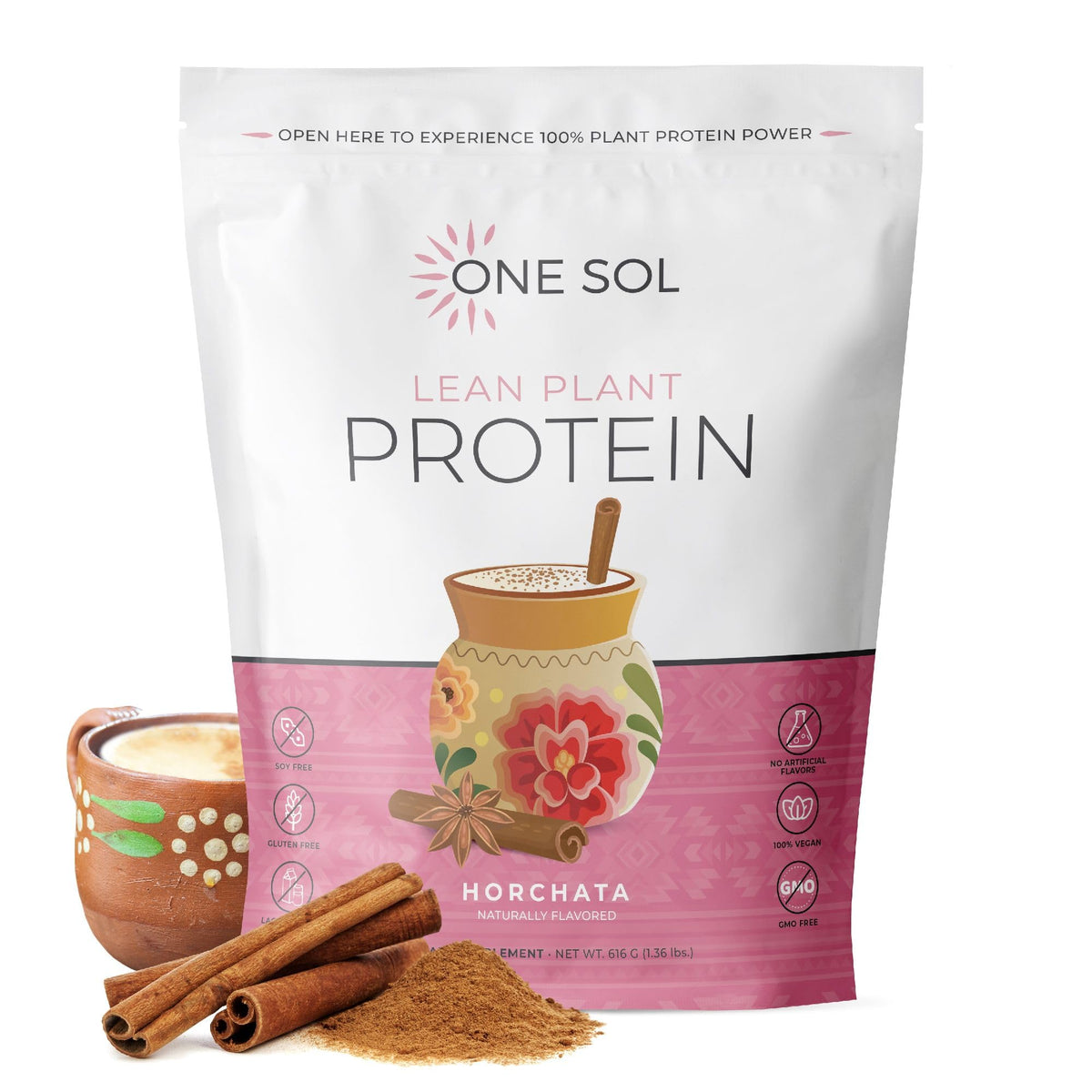 One Sol Lean Plant-Based Protein Powder Horchata tub front view, vegan and lactose-free.