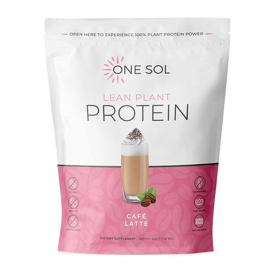 One Sol Lean Plant-Based Protein Powder latte bottle, vegan protein for quick post-workout recovery.