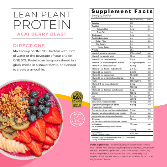 One Sol Lean Protein Acai Berry Blast shake being poured for a vegan meal