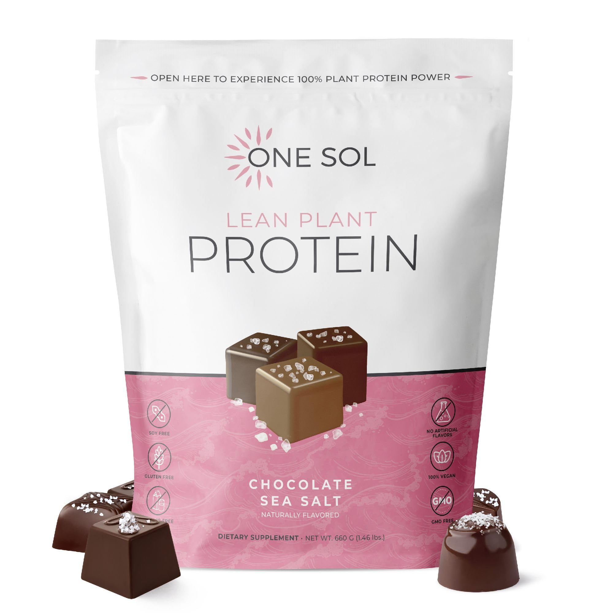 One Sol Lean Protein Powder in Chocolate Sea Salt jar for smooth shakes.