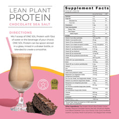 Close-up of One Sol Lean powder scoop beside glass of protein shake.