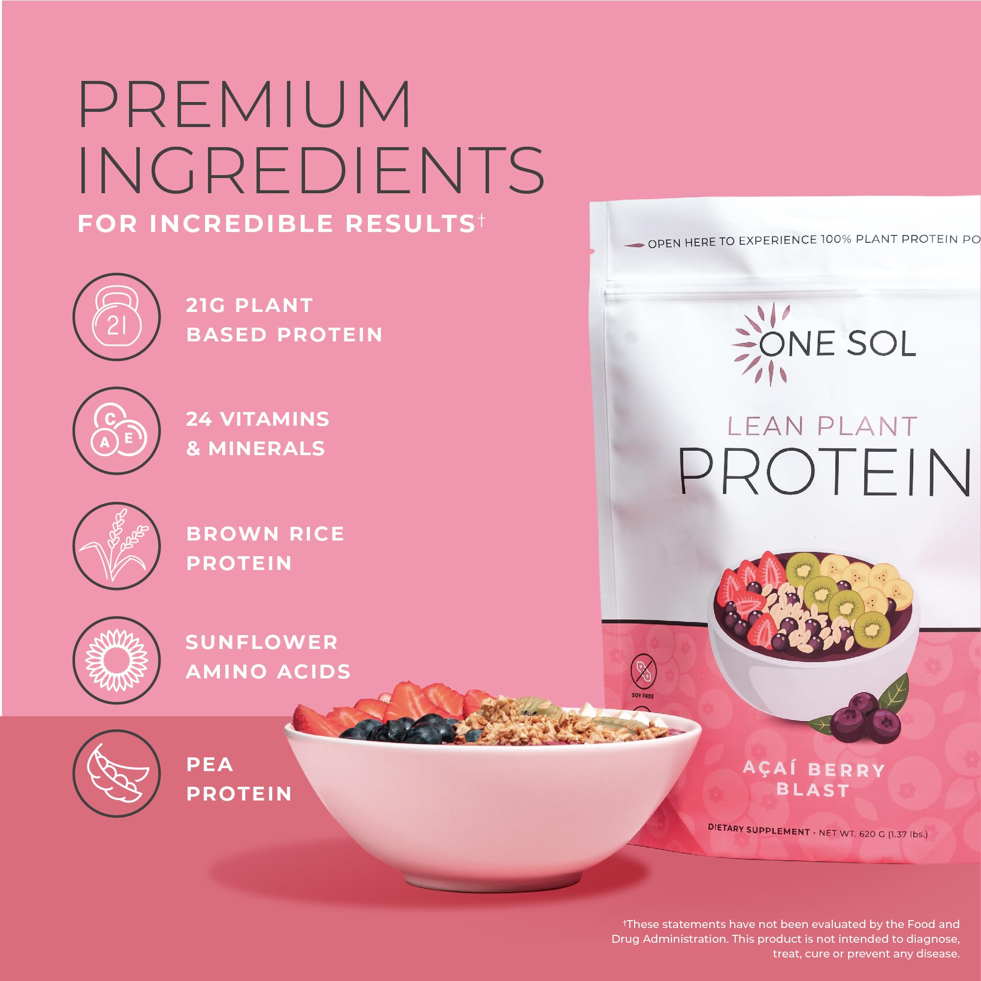 Scoop next to the One Sol Lean Protein bag highlights clean nutrition