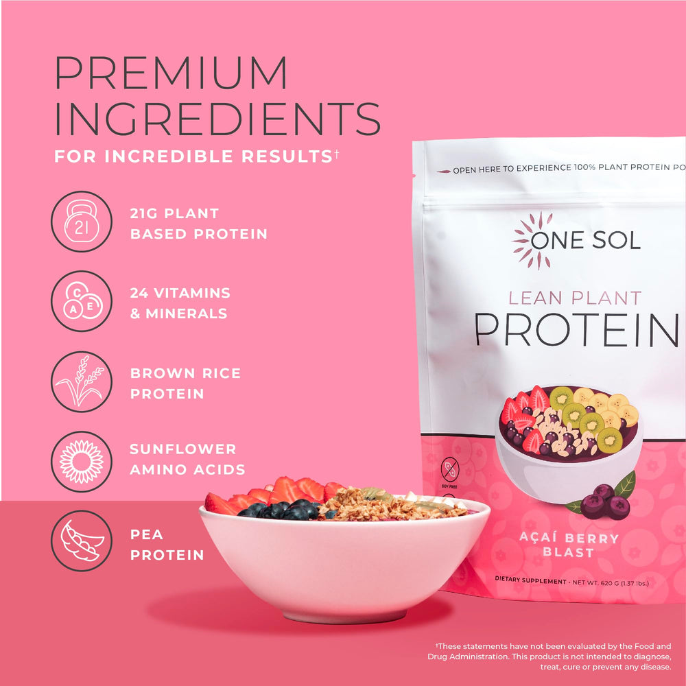 Scoop next to the One Sol Lean Protein bag highlights clean nutrition