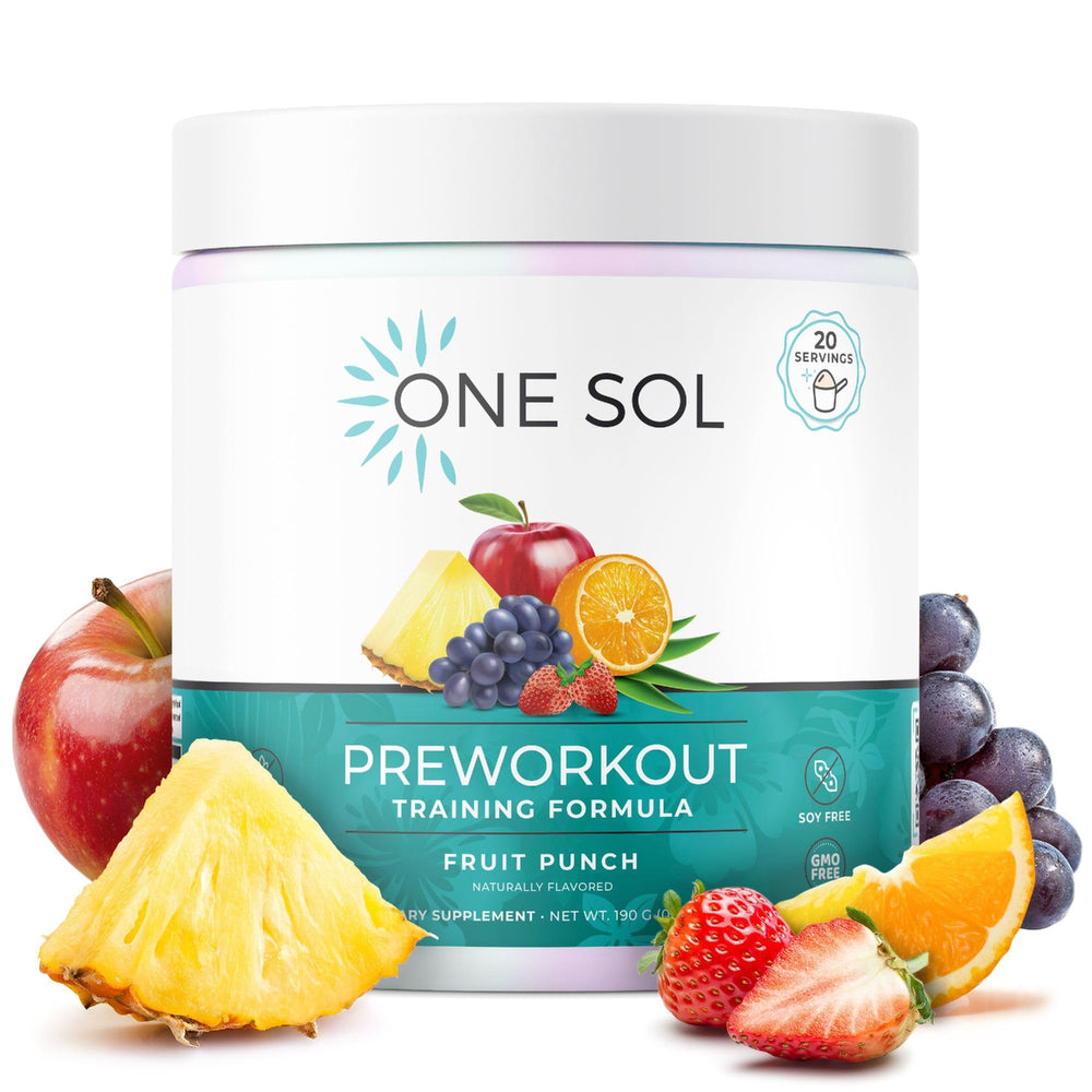 One Sol pre-workout fruit punch bottle ready to fuel your training session.