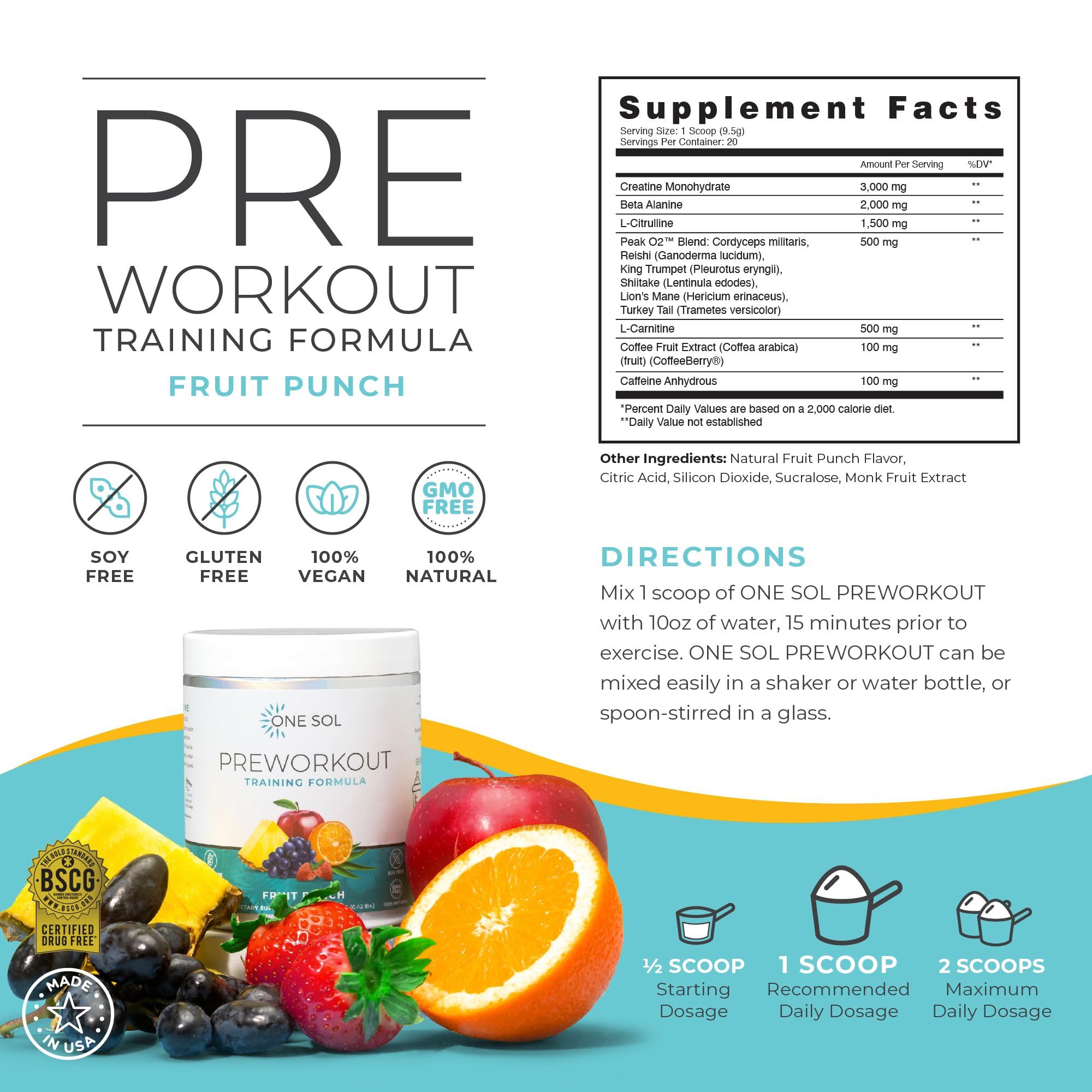 One Sol pre-workout fruit punch scoop helps precise dosing for consistent workouts.