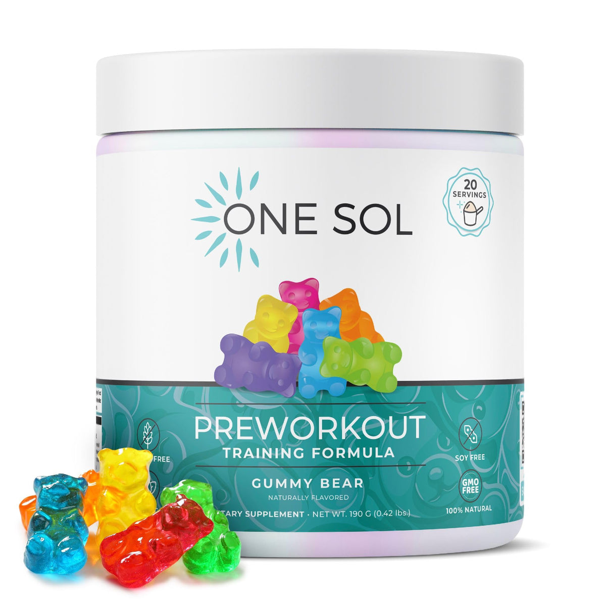 One Sol Pre-Workout bottle pour showing ready-to-mix action for energizing sessions.