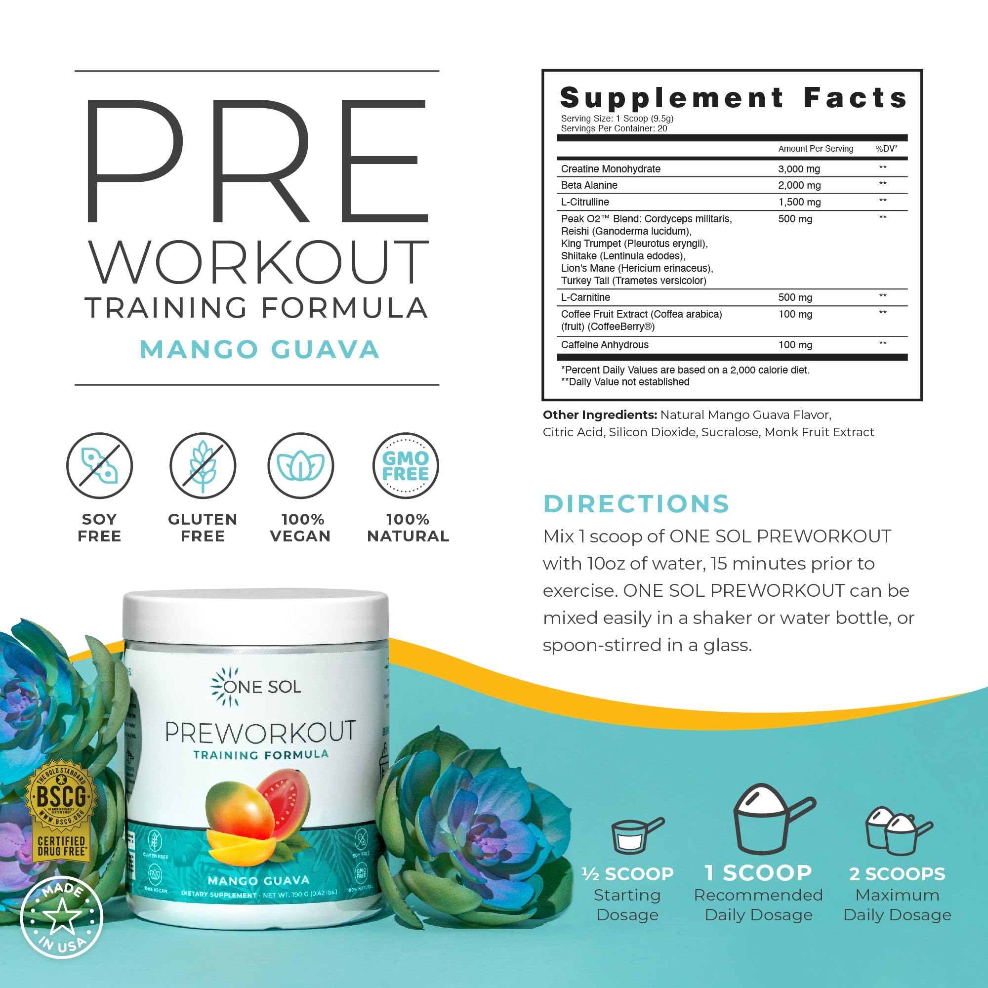 One Sol pre-workout scoop beside the tub for precise dosing before training.