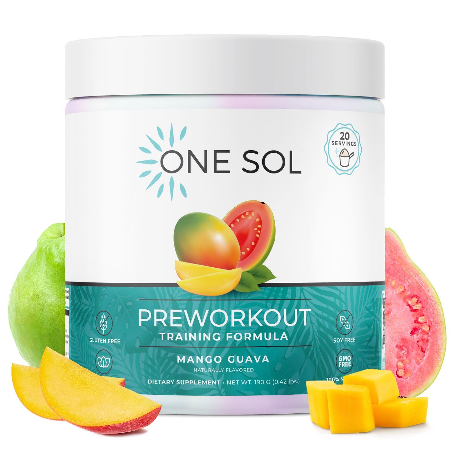 One Sol pre-workout mango guava tub shown for daily workouts and focused energy.