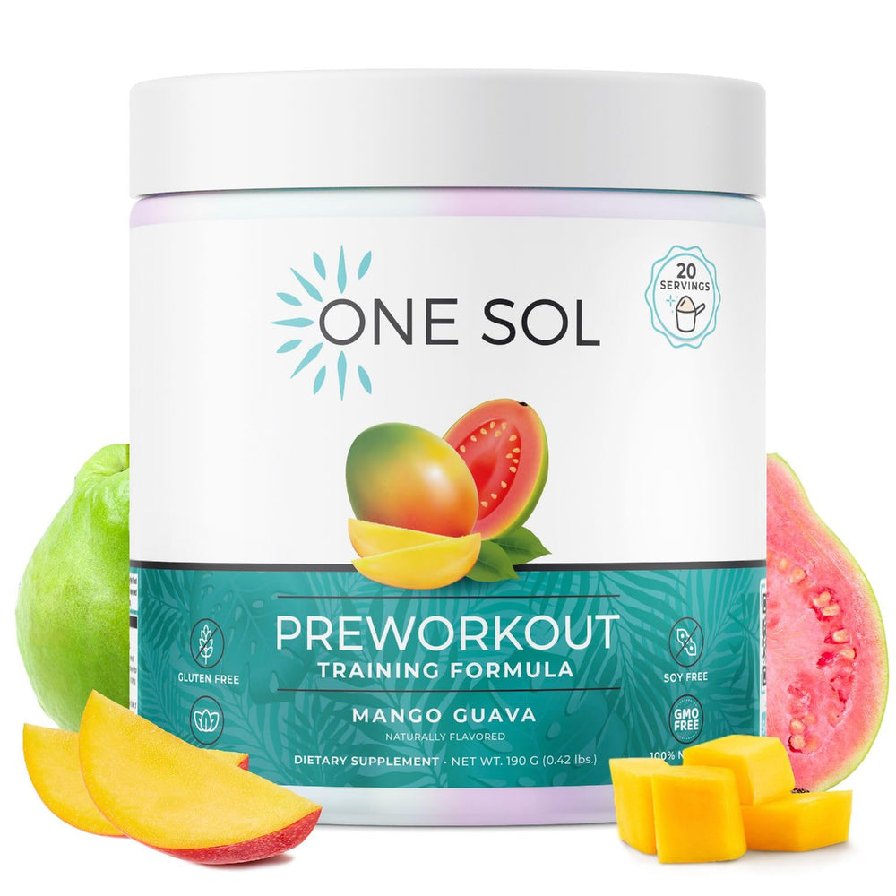 One Sol pre-workout mango guava tub shown for daily workouts and focused energy.