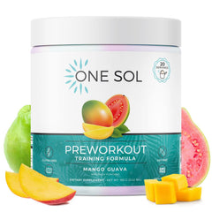 One Sol pre-workout mango guava tub shown for daily workouts and focused energy.