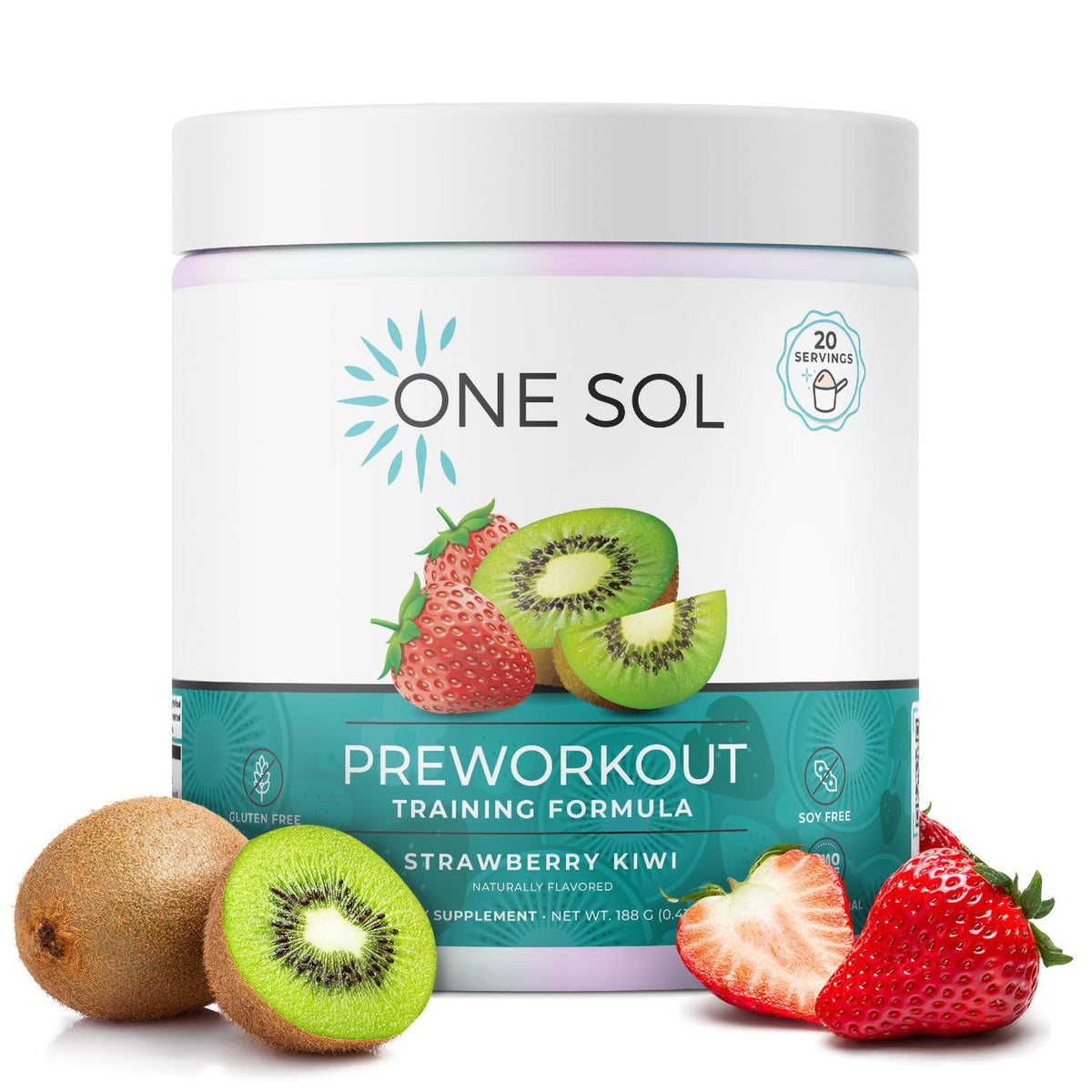 One Sol Strawberry Kiwi pre-workout bottle front for vegan energy boost before training.