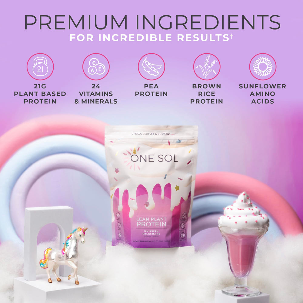 One Sol Unicorn Milkshake ingredients display pea and brown rice proteins