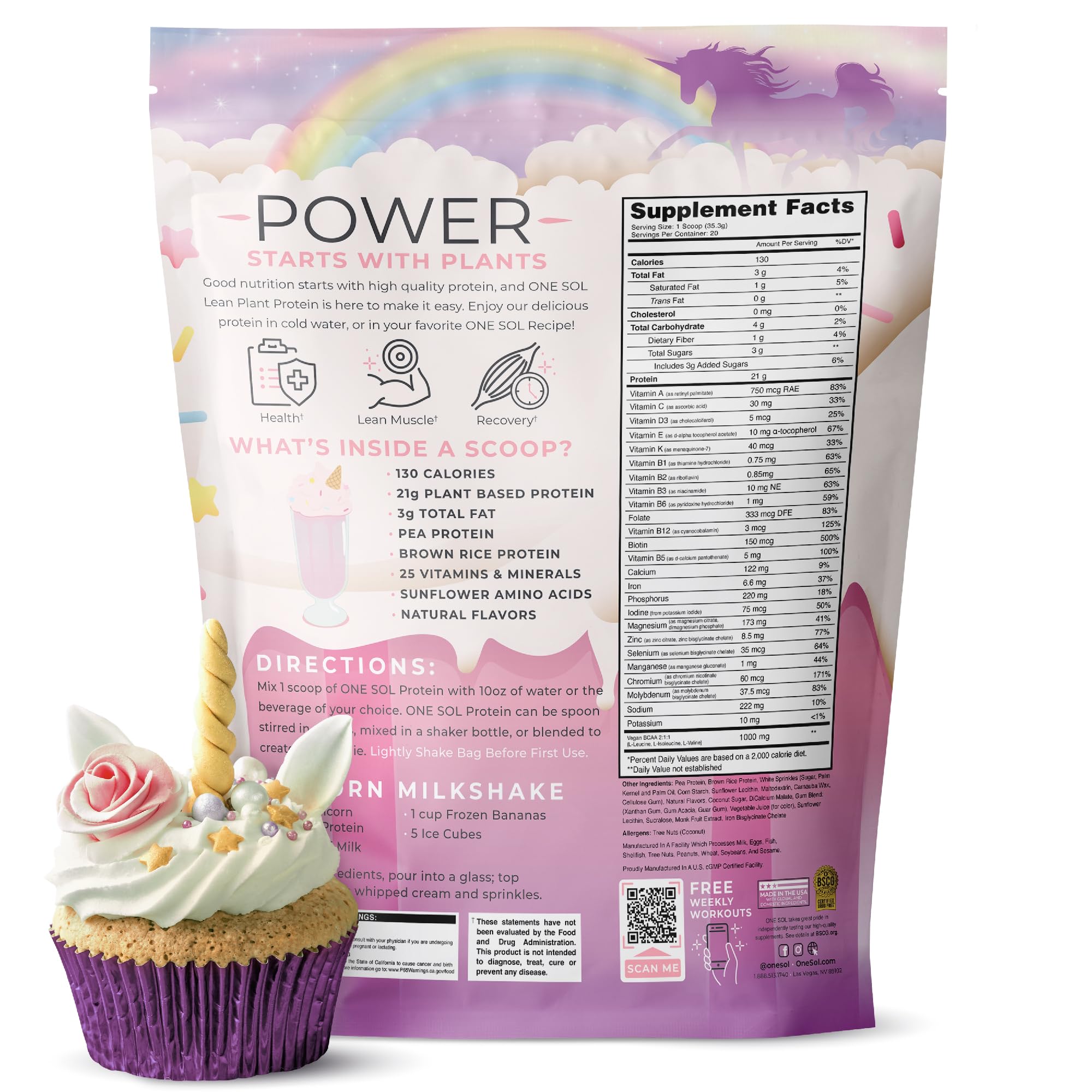 One Sol Unicorn Milkshake label highlighting gluten, lactose, and soy free formula