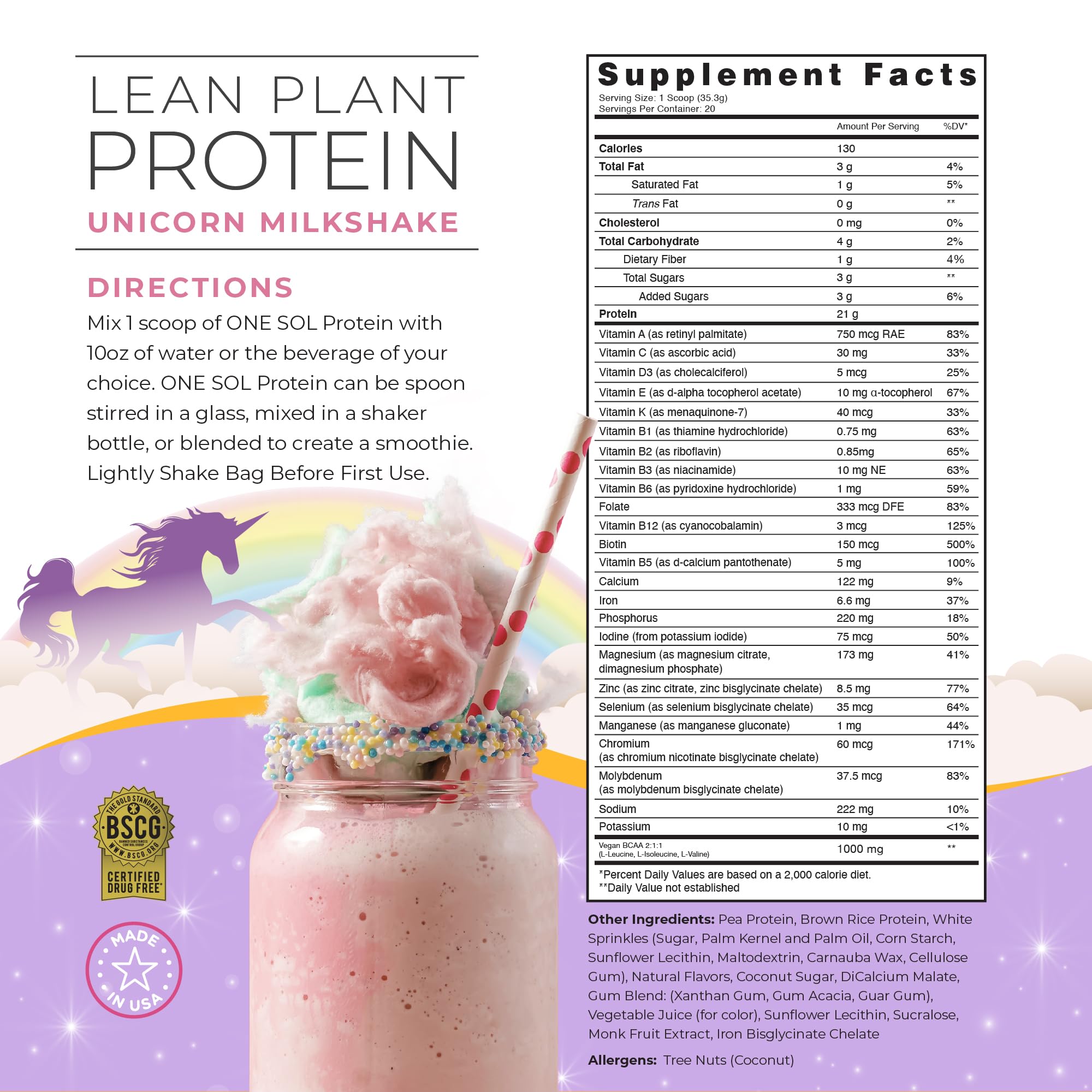 One Sol Unicorn Milkshake shake glass with creamy plant-based protein