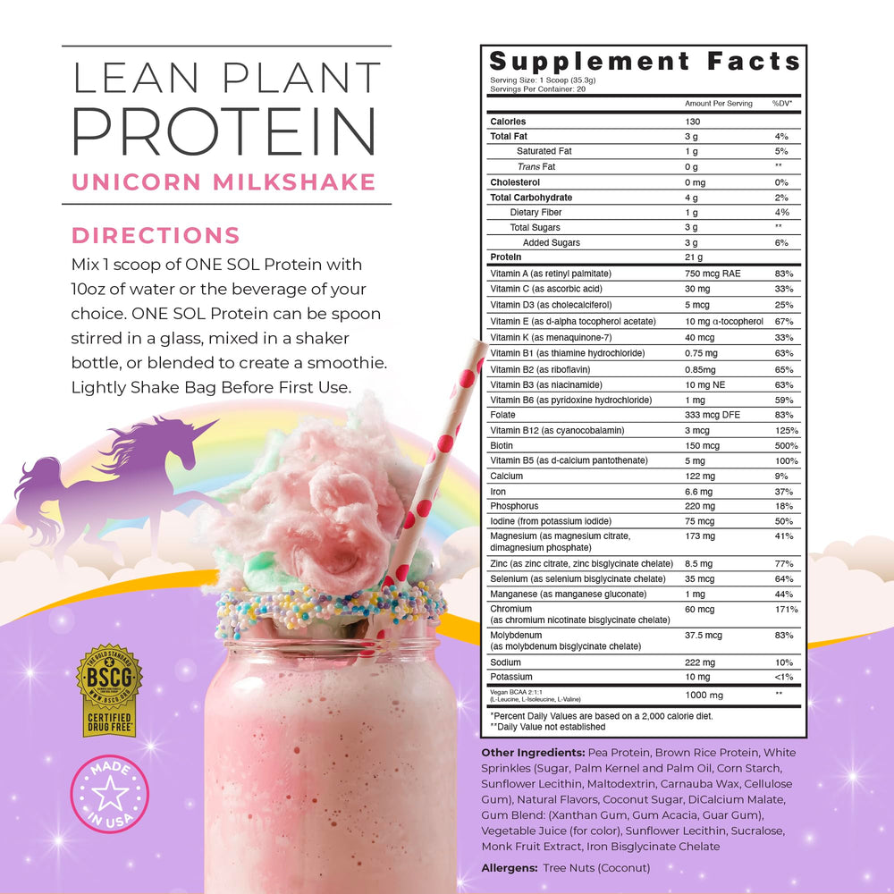 One Sol Unicorn Milkshake shake glass with creamy plant-based protein