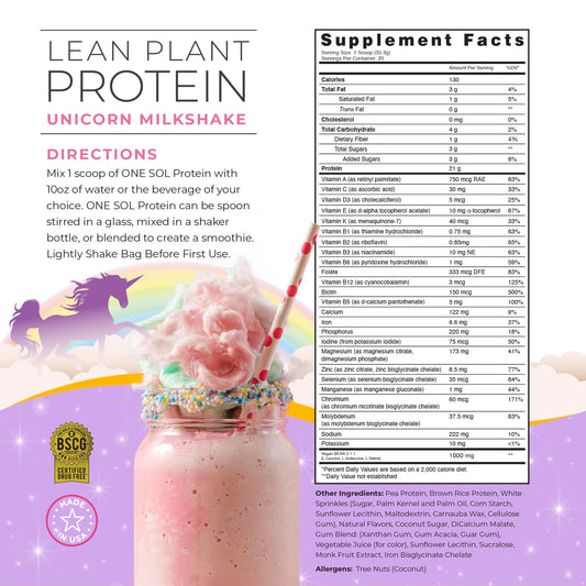 One Sol Unicorn Milkshake shake glass with creamy plant-based protein