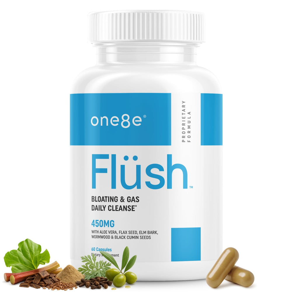 ONE8E Flüsh bottle front with herbal cleanse branding for daily gut wellness.