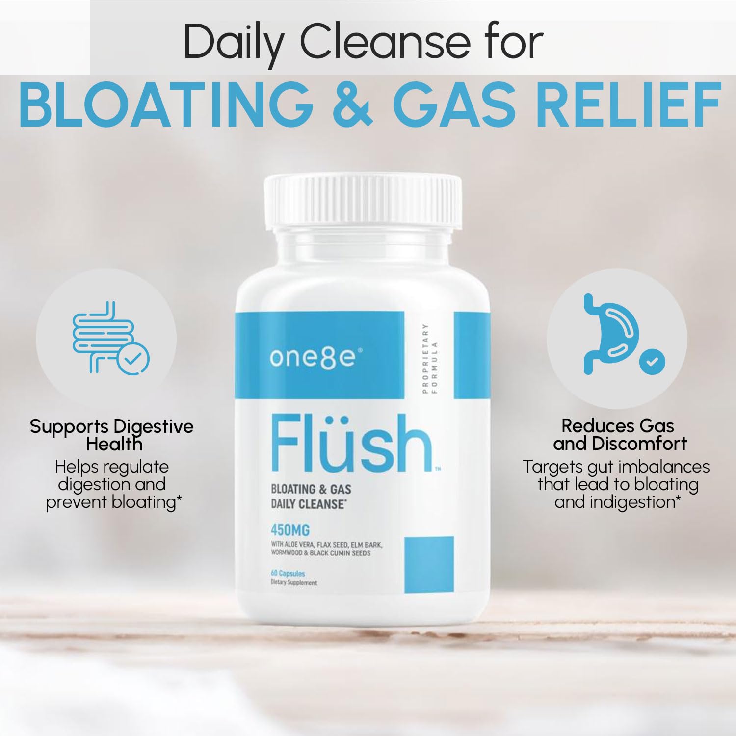 ONE8E Flüsh capsules close-up for gentle gut support.