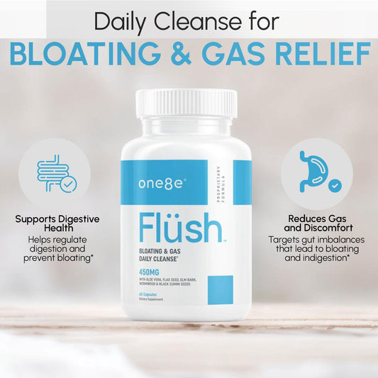 ONE8E Flüsh capsules close-up for gentle gut support.