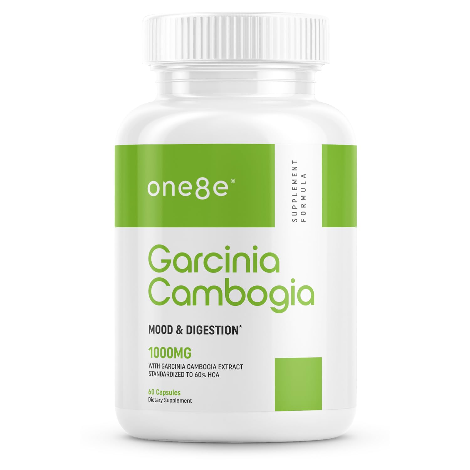 ONE8E Garcinia Cambogia label—clear ingredient details and HCA sourcing.
