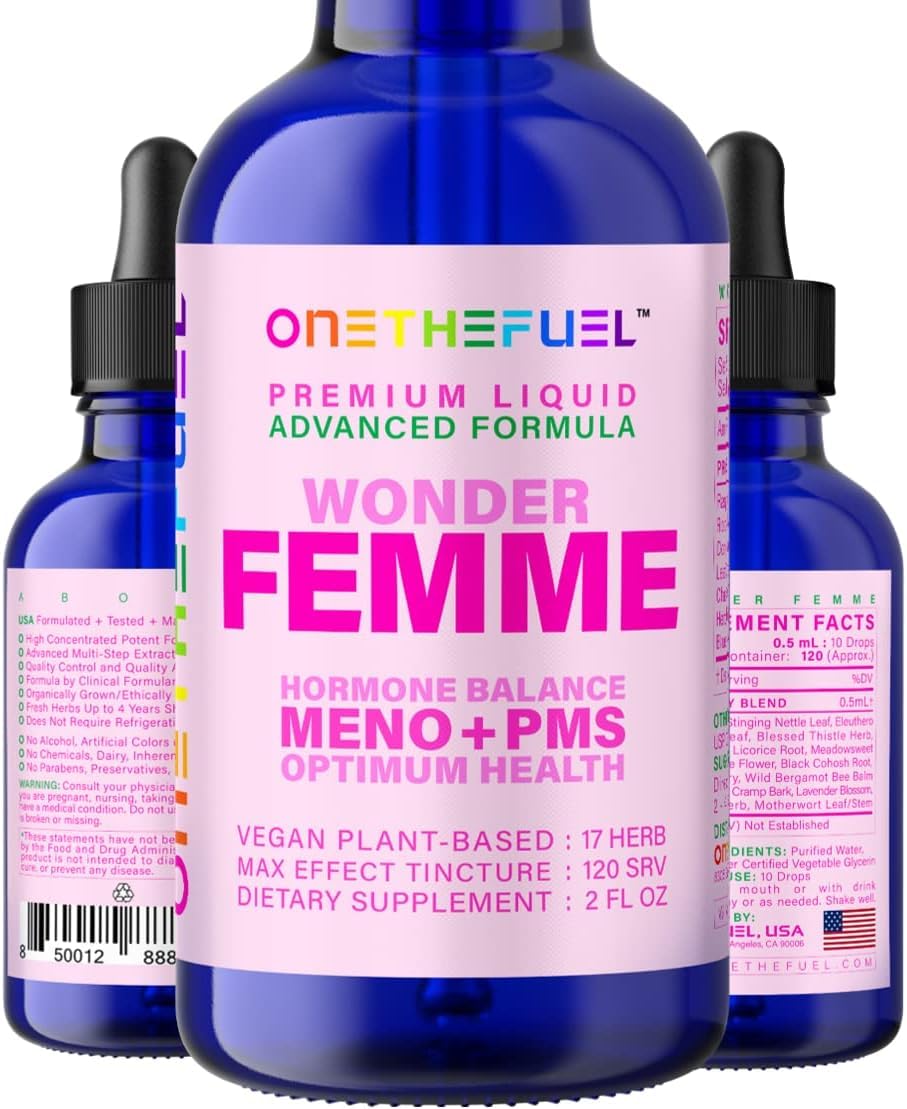 ONETHEFUEL Wonder Femme bottle with drops for easy daily balance.