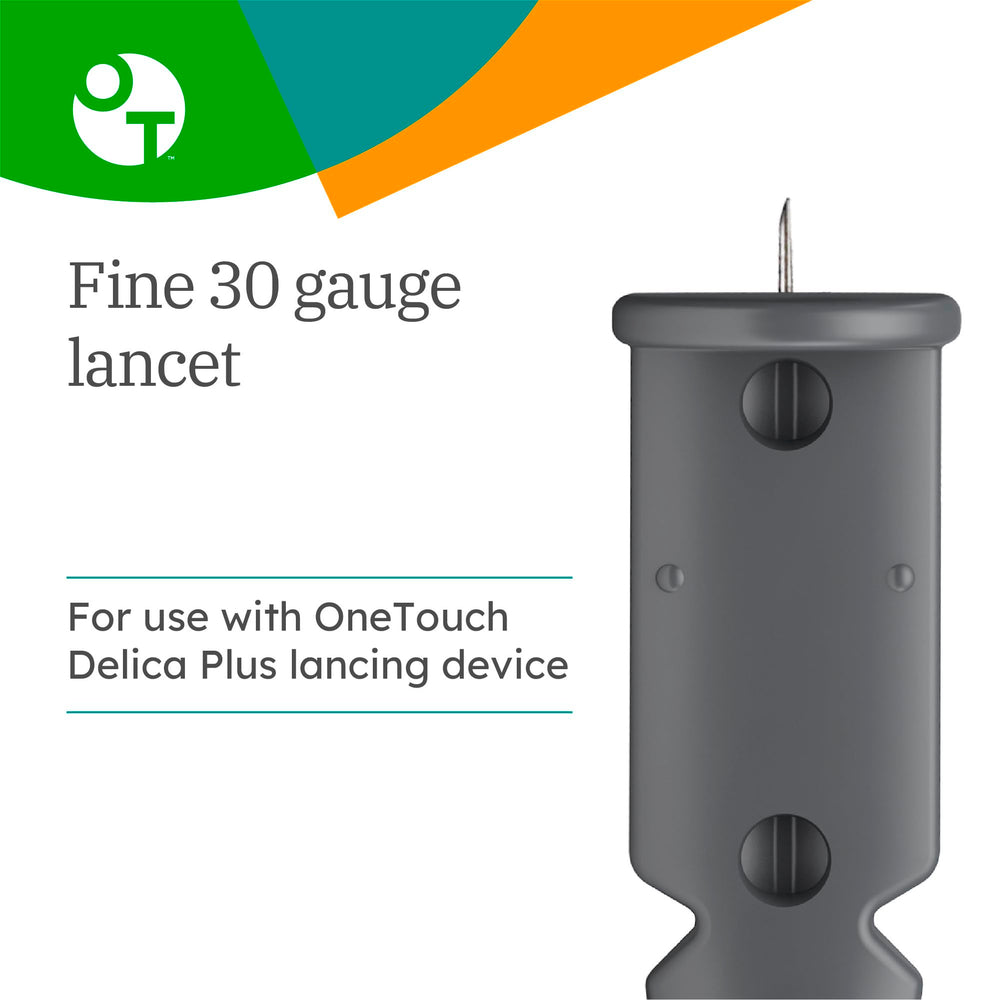 OneTouch Delica Plus lancets featuring precision guidance for steadier skin penetration.