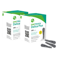 OneTouch Delica Plus lancets with silicone coating for smoother, nearly painless testing.