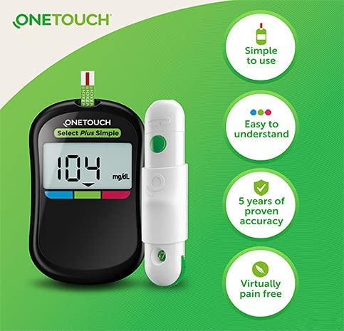 ONETOUCH glucometer with test strip inserted and result display