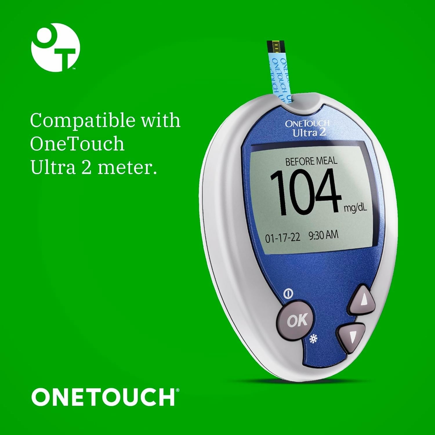 OneTouch Ultra-2 compatible test strips image highlighting quick results.