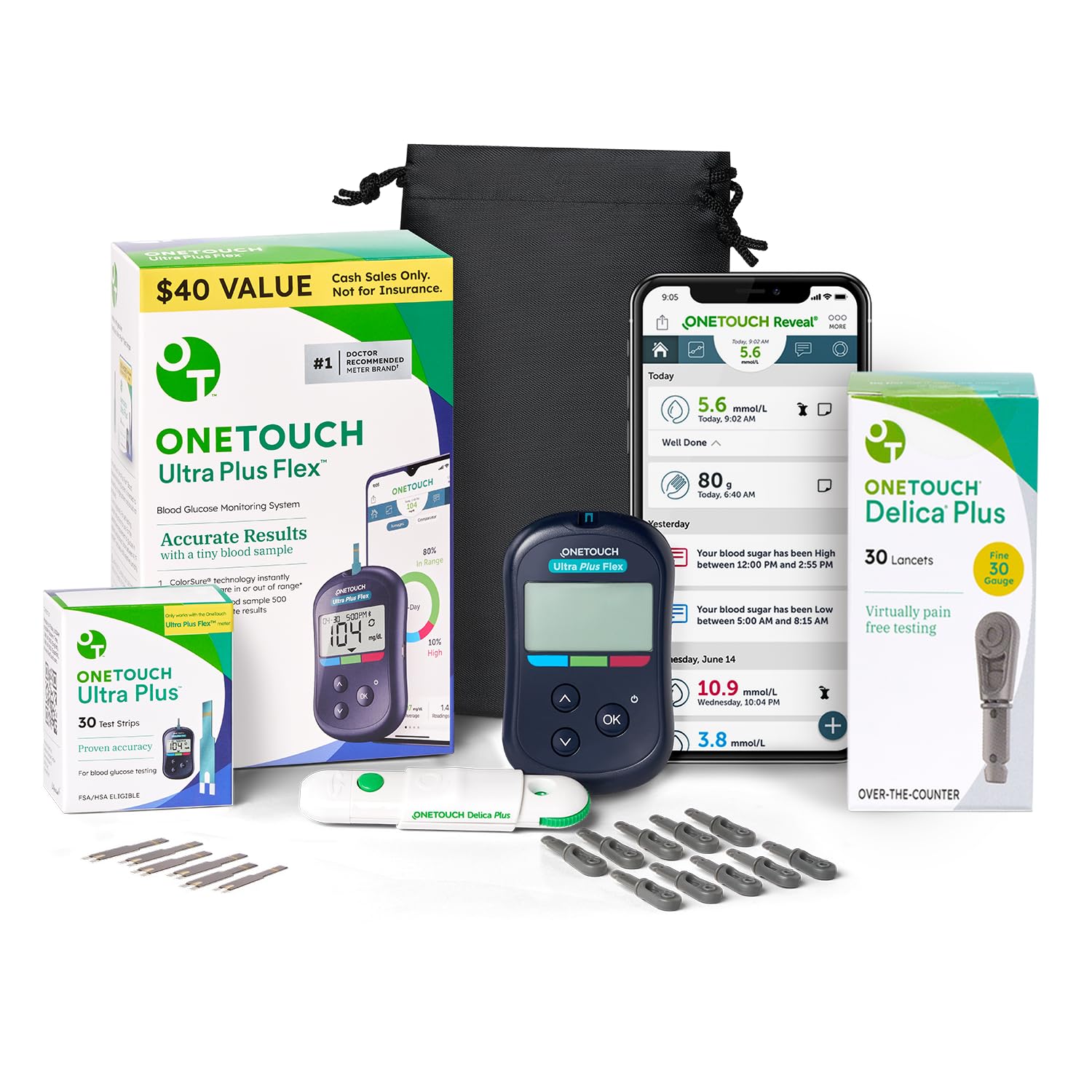 OneTouch Ultra Plus Flex meter front view with fast five-second readings.
