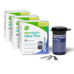 OneTouch Ultra Plus test strips box for daily glucose monitoring.