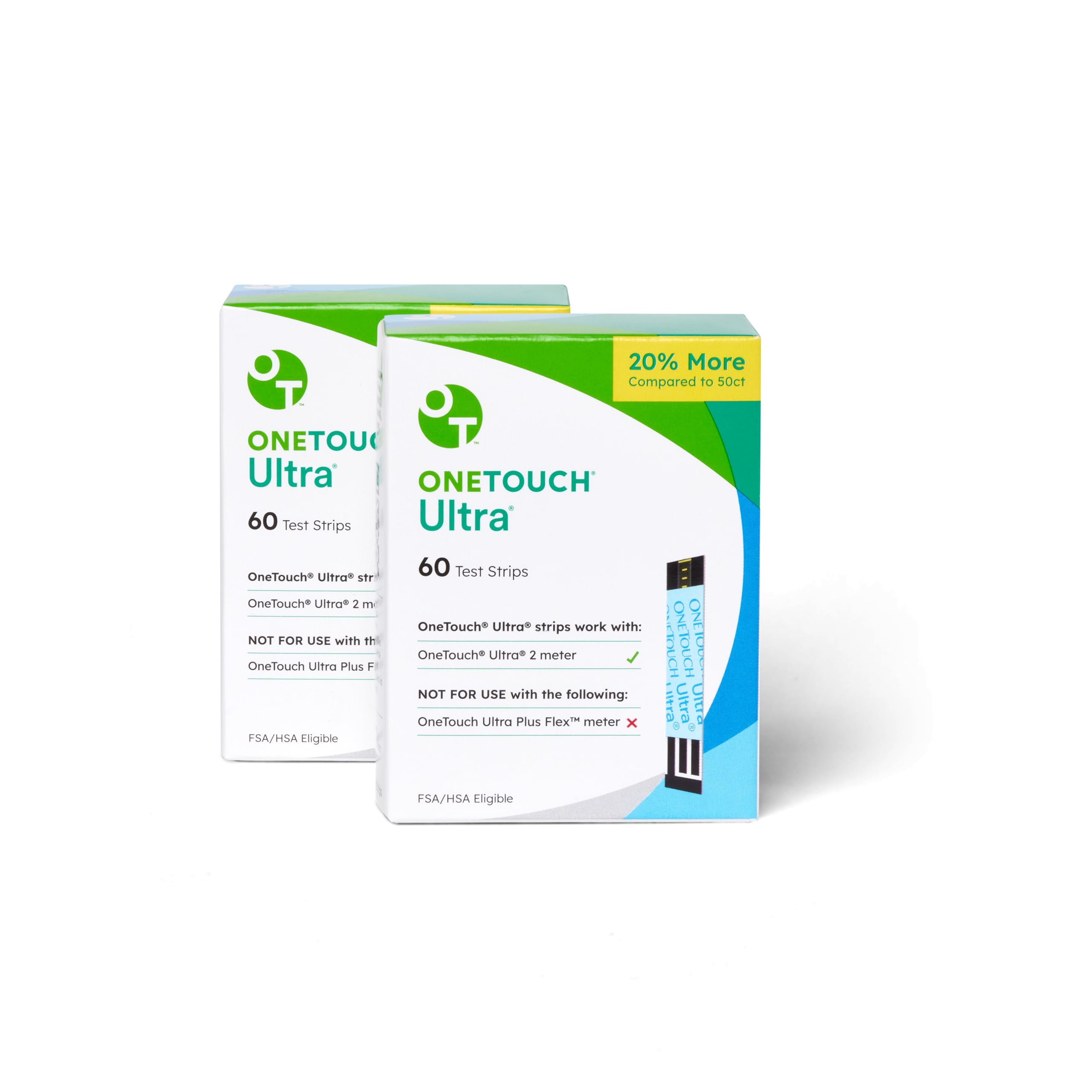 OneTouch Ultra Test Strips pack front shows 120-count two-pack packaging for convenient home testing.