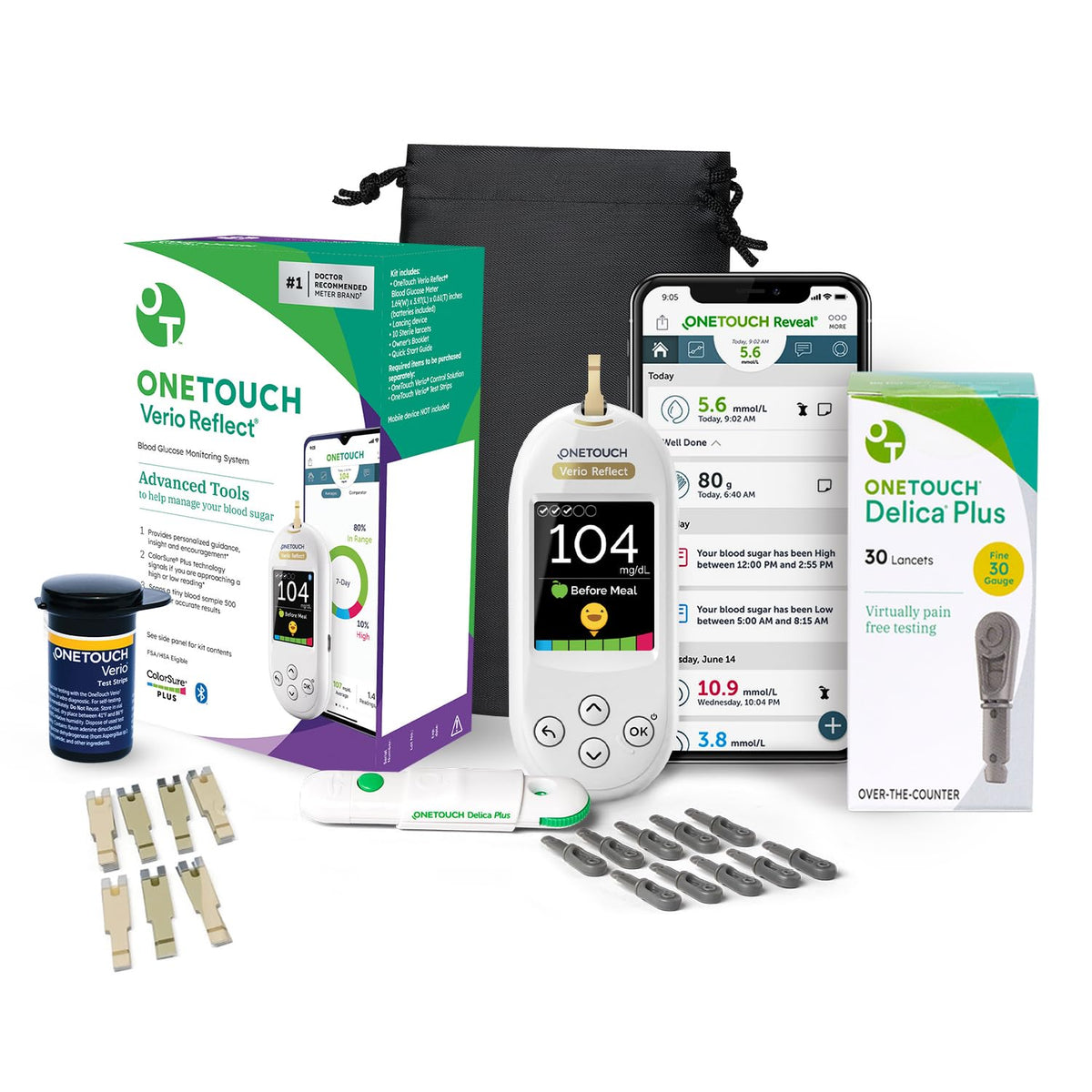 OneTouch Verio Reflect meter display shows clear results quickly for easy daily monitoring.
