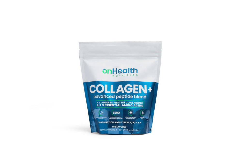 onhealth multi collagen peptide powder front jar showing skin and joint support