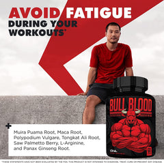 ONL Bull Blood capsules close-up featuring maca root and tongkat ali blend