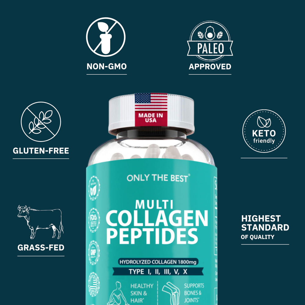 Only The Best Premium Multi Collagen Capsules label close-up highlights hydrolyzed collagen aimed at joint and skin support.