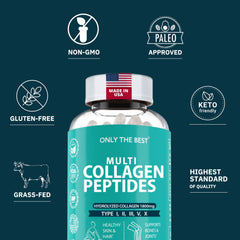 Only The Best Premium Multi Collagen Capsules label close-up highlights hydrolyzed collagen aimed at joint and skin support.
