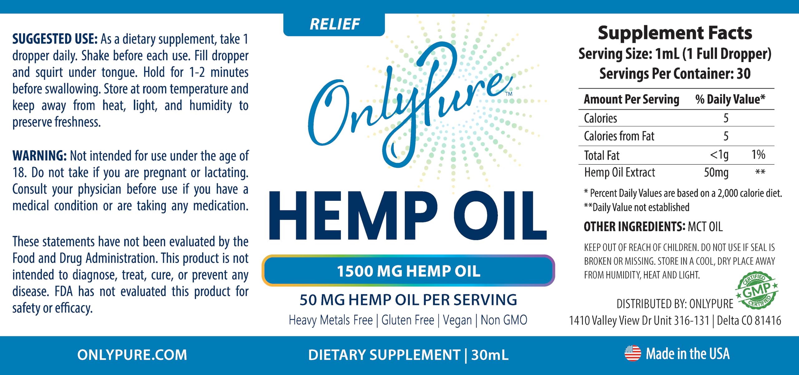 OnlyPure Relief hemp oil packaging closeup highlights 30 mL size
