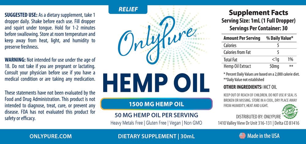 OnlyPure Relief hemp oil packaging closeup highlights 30 mL size