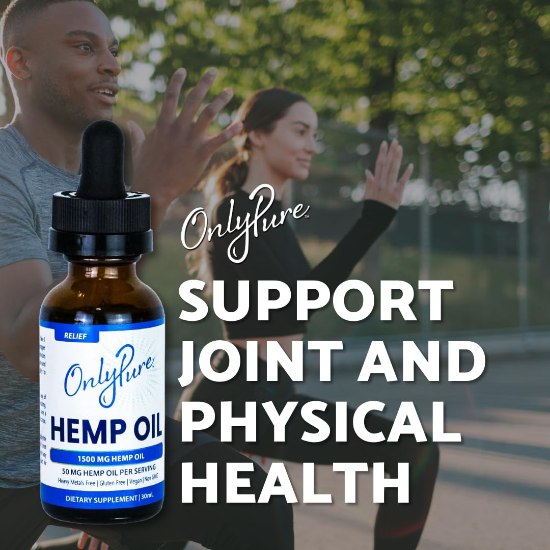 OnlyPure Relief hemp oil bottle shows third-party testing seal