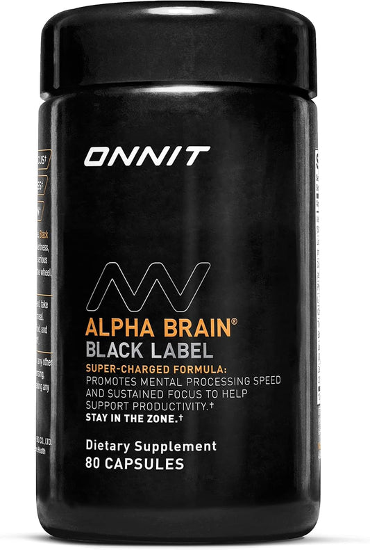 ONNIT Alpha Brain Black Label bottle with capsules for daily cognitive support.