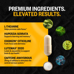 ONNIT Alpha Brain Black Label caffeine-theanine blend supports steady alertness.