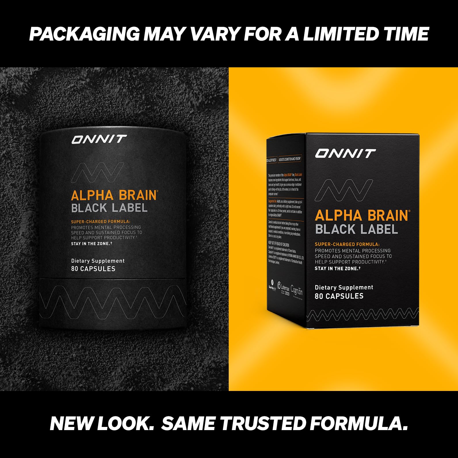 ONNIT Alpha Brain Black Label capsules shown, supporting steady mental energy and focus.